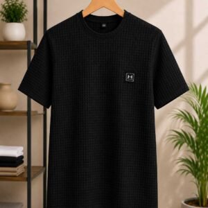 Men's Black Waffle Textured T-Shirt — Round Neck Short Sleeve Tee