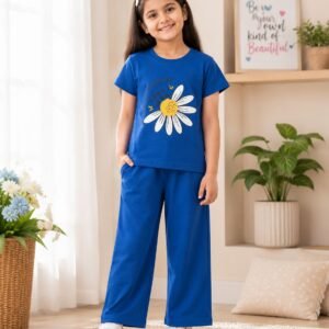 Girls' Daisy Print Co-ord Set – Royal Blue T-Shirt & Wide Leg Trouser