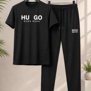 Men's Black Printed Co-ord Tracksuit — Round Neck T-Shirt