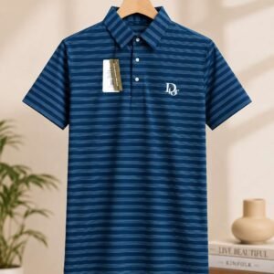 Men's Striped Polo Shirt — Short Sleeve Collared Tee in Navy Blue