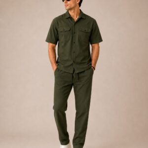 Commando Green Safari Suit Set for Men | Textured Half-Sleeve Shirt & Trouser