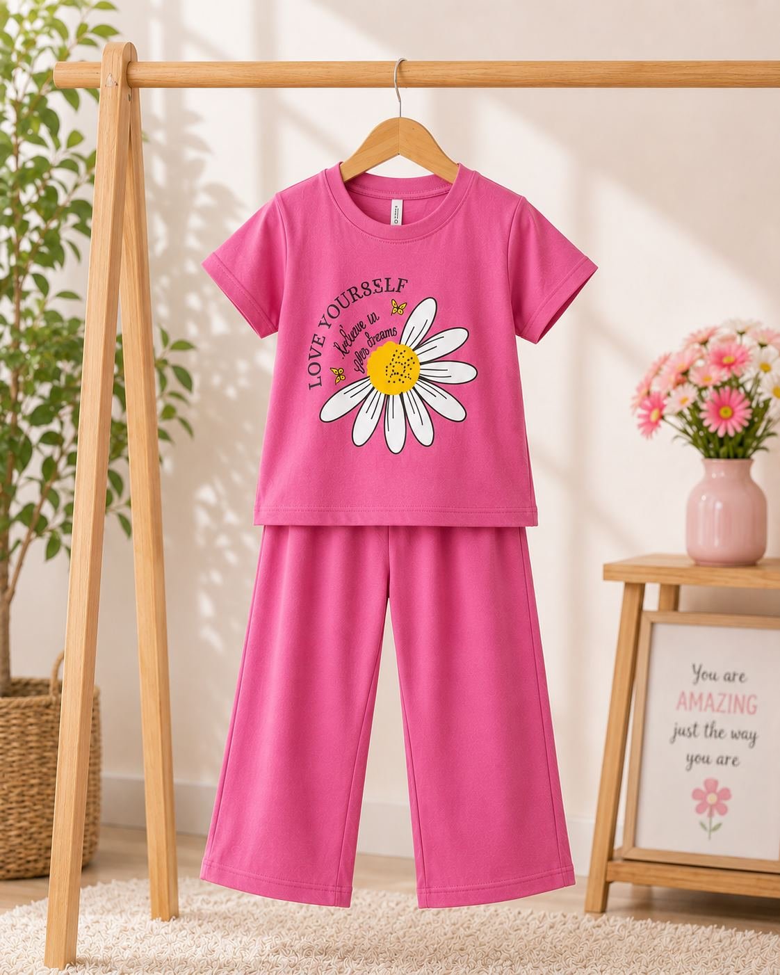 Girls' Daisy Print Co-ord Set – Pink T-Shirt & Wide Leg Trouser - Image 2