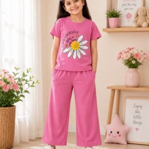 Girls' Daisy Print Co-ord Set – Pink T-Shirt & Wide Leg Trouser