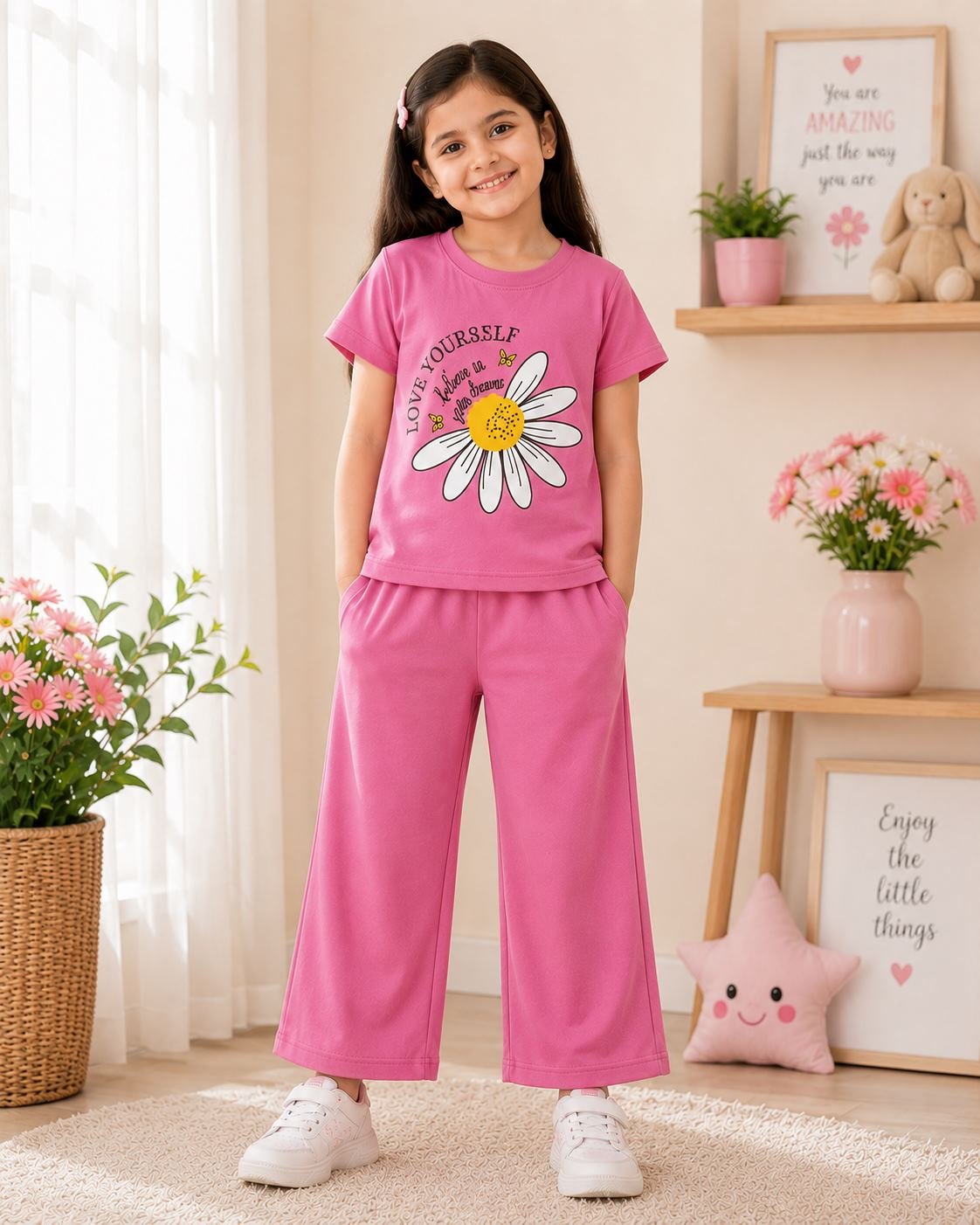 Girls' Daisy Print Co-ord Set – Pink T-Shirt & Wide Leg Trouser