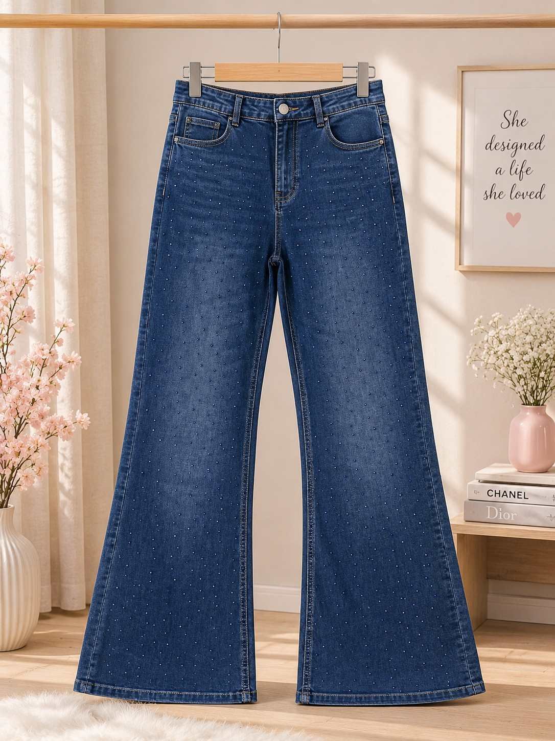Sparkly Rhinestone Wide-Leg Denim Jeans for Women – Dark Blue - Image 2