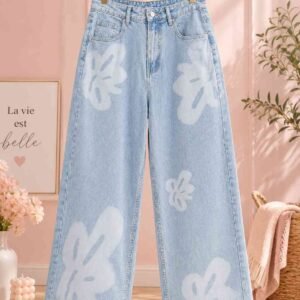 Women's Floral Bleach Print Baggy Wide-Leg Jeans — High Waist Light Blue Denim
