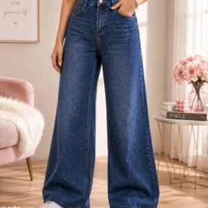 Sparkly Rhinestone Wide-Leg Denim Jeans for Women – Dark Blue