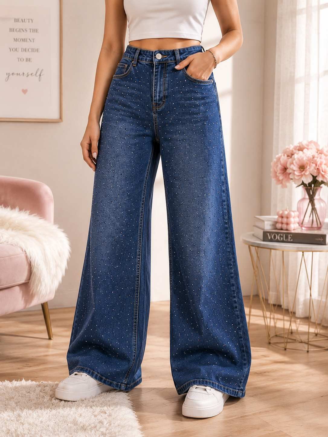 Sparkly Rhinestone Wide-Leg Denim Jeans for Women – Dark Blue
