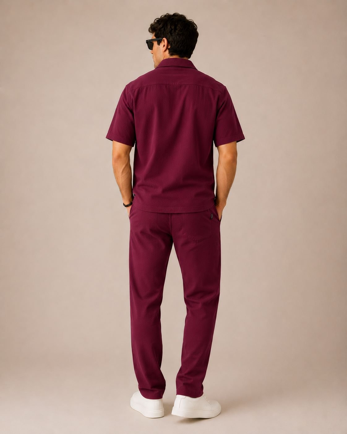 Men's Imported Safari Co-ord Set – Textured Maroon Shirt & Trouser - Image 2