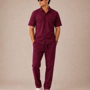 Men's Imported Safari Co-ord Set – Textured Maroon Shirt & Trouser