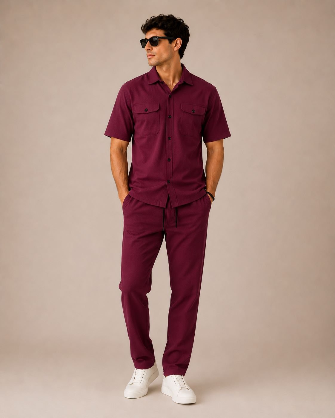 Men's Imported Safari Co-ord Set – Textured Maroon Shirt & Trouser