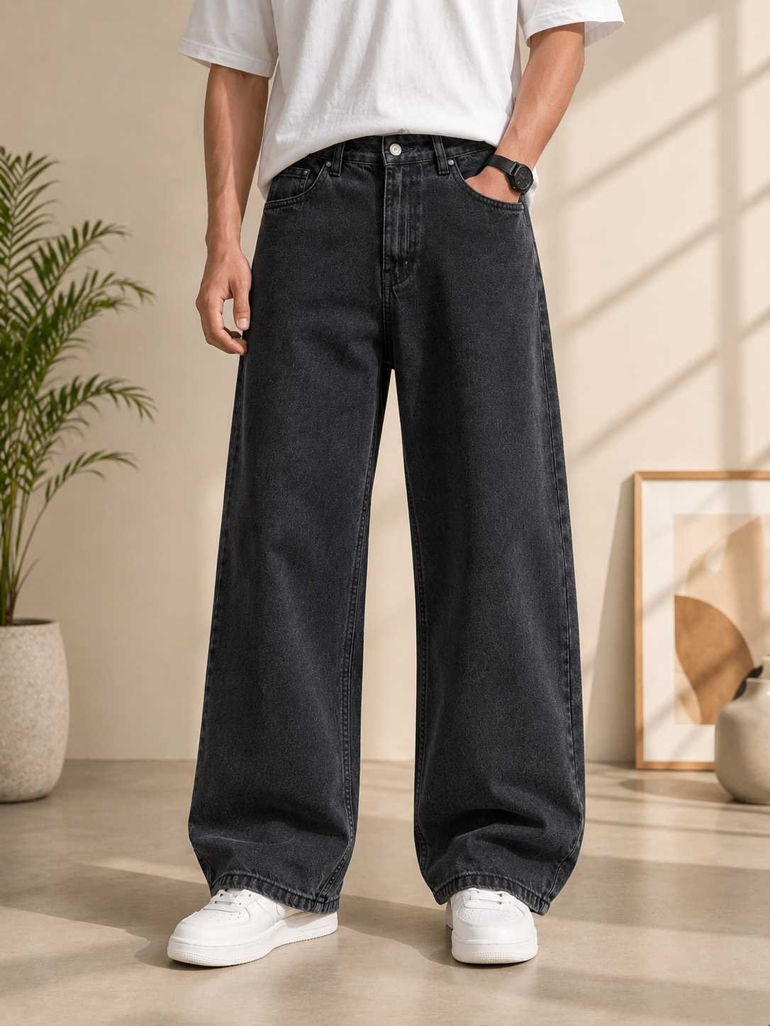 Men's Baggy Wide-Leg Denim Jeans — High Waist Black Straight Fit - Image 2