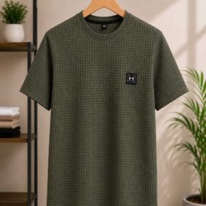 Men's Olive Green Waffle Textured T-Shirt — Round Neck Short Sleeve Tee