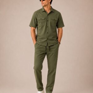 Olive Green Textured Safari Suit Set | Shirt & Trouser Co-ord for Menn