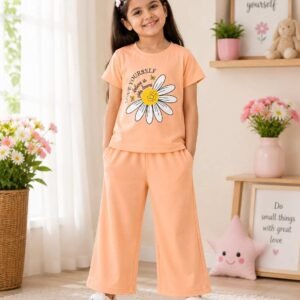 Girls' Daisy Print Co-ord Set – Peach T-Shirt & Wide Leg Trouser