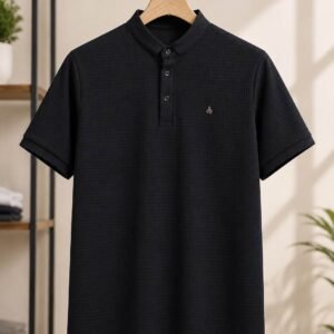 Men's Textured Waffle Knit Polo Shirt — Black, Mandarin Collar Style