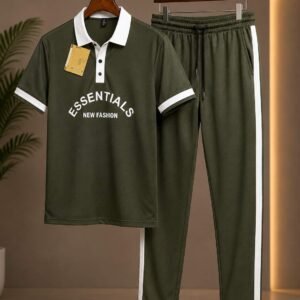 Men's "Essentials" Printed Polo & Trouser Co-ord Set — Olive Green with White Trim