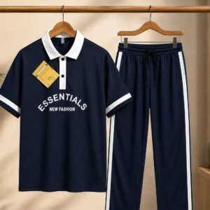 Men's "Essentials" Printed Polo & Trouser Co-ord Set — Navy Blue with White Trim