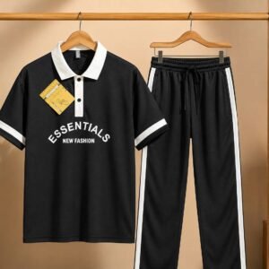 Men's "Essentials" Printed Polo & Trouser Co-ord Set — Black with White Trim