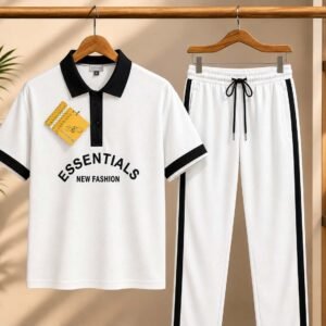 Men's "Essentials" Printed Polo & Trouser Co-ord Set — White with Black Trim