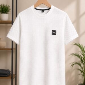 Men's White Waffle Textured T-Shirt — Round Neck Short Sleeve Tee