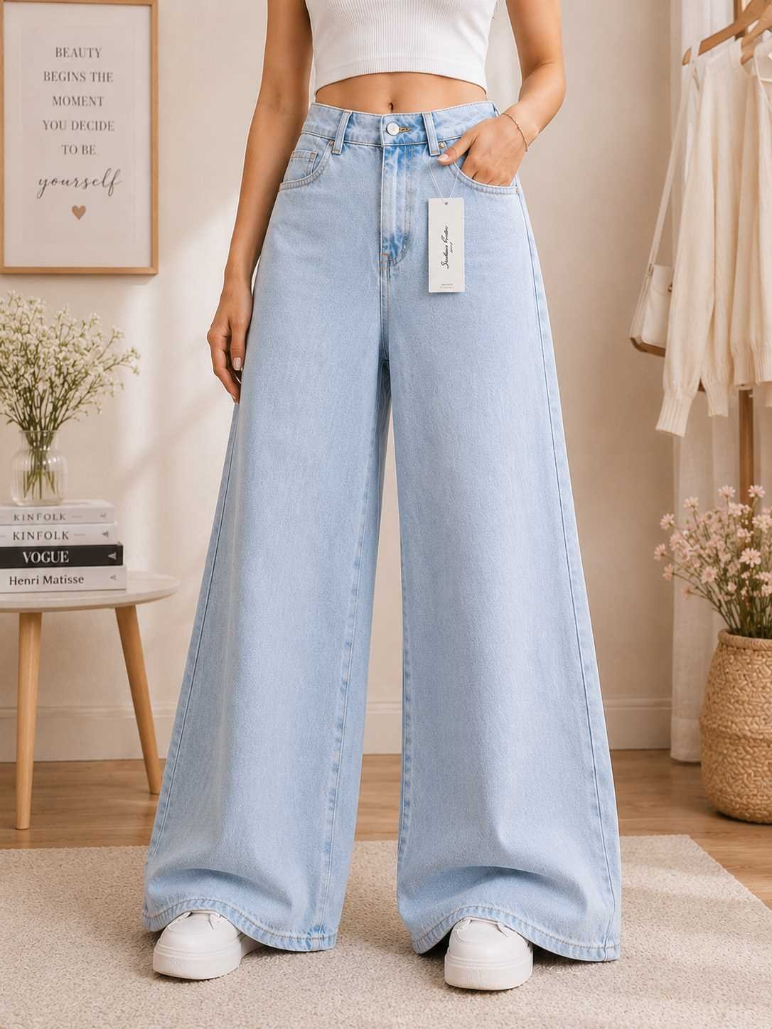 Women's High Waist Wide-Leg Baggy Jeans — Light Blue Denim