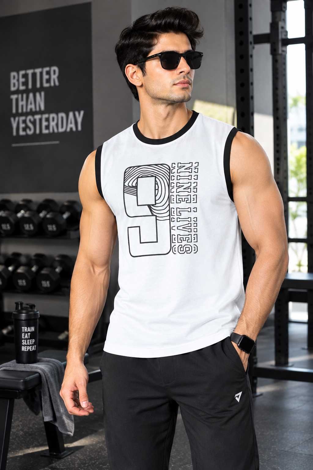 Men’s White Nine Lives Sleeveless Gym Shirt | Graphic Athletic Tank Top - Image 2
