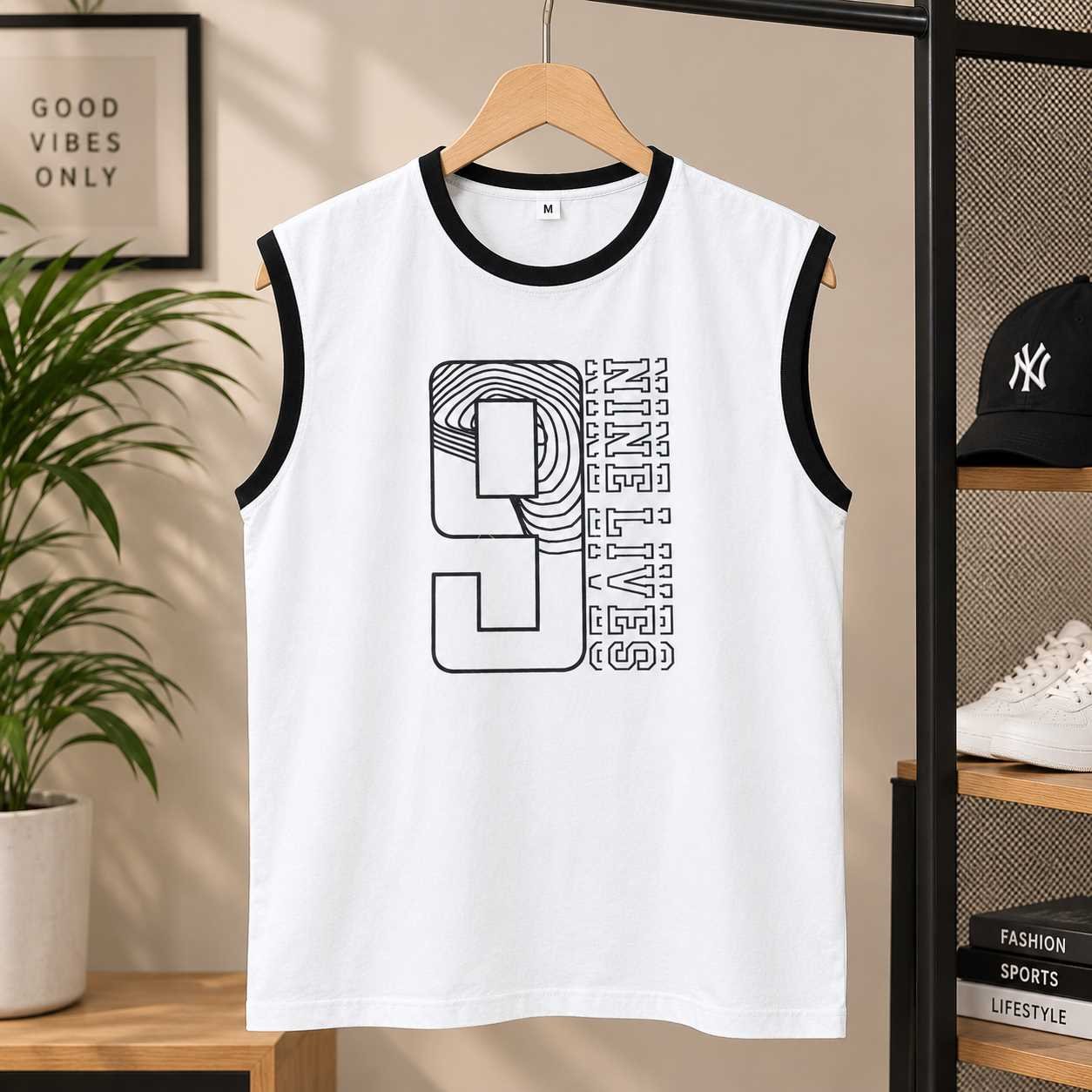 Men’s White Nine Lives Sleeveless Gym Shirt